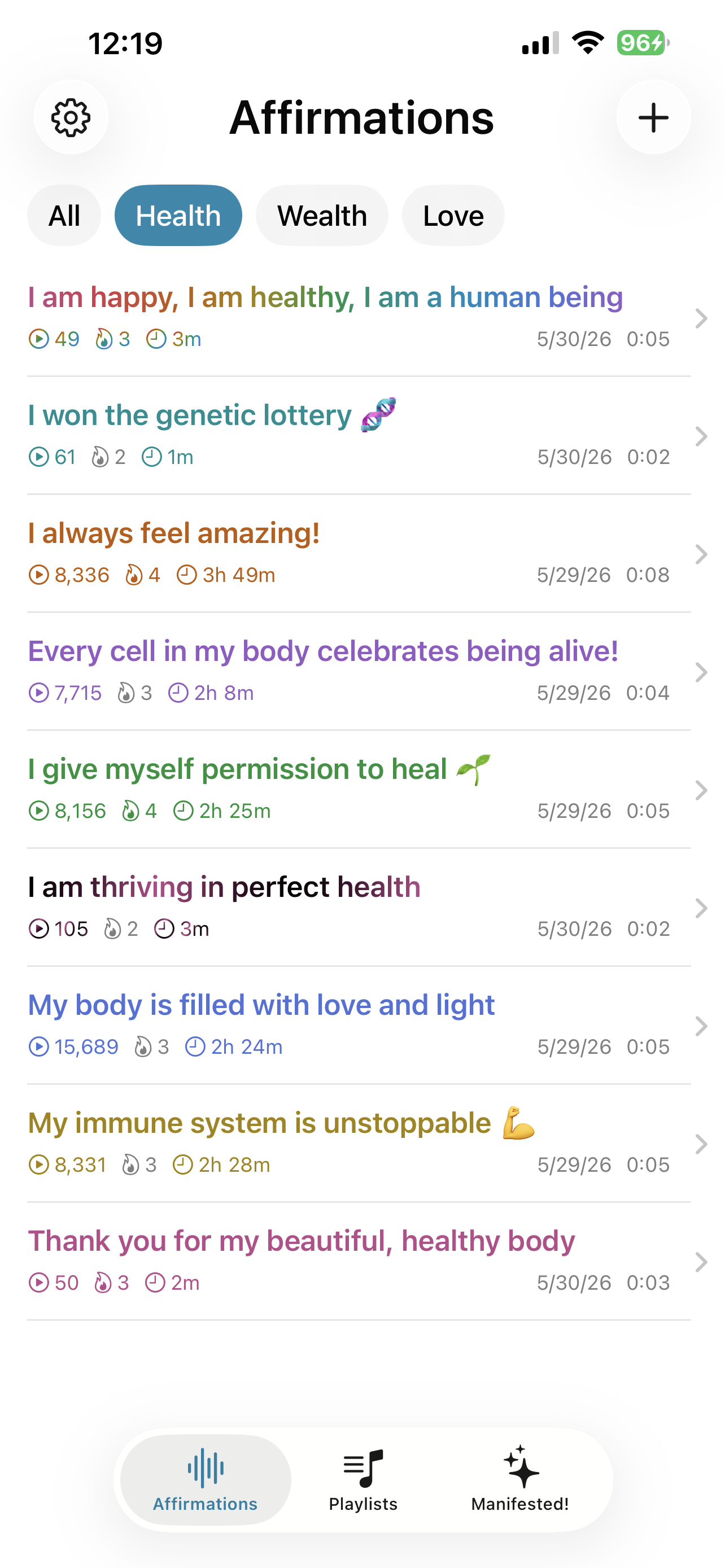 The main page with category tabs and affirmations