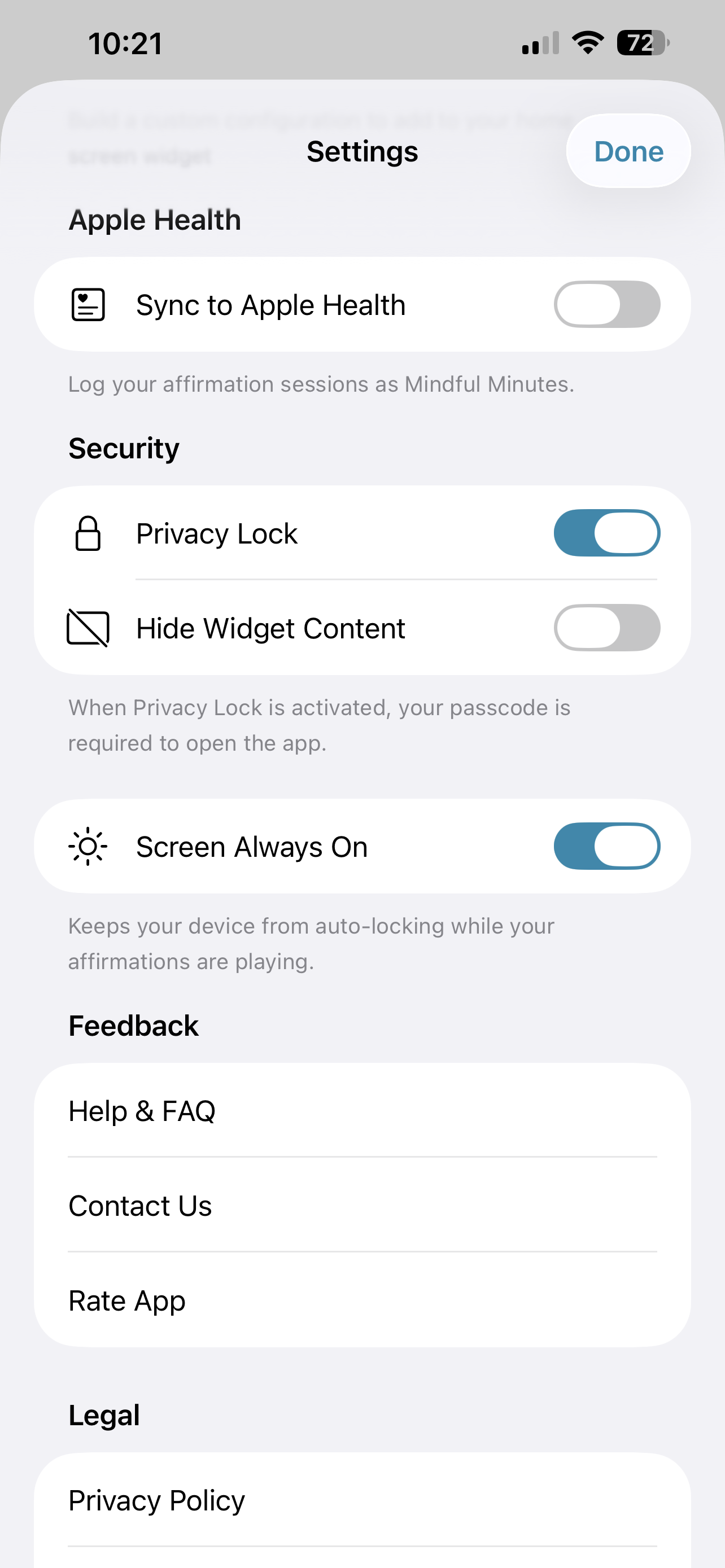 Settings with privacy and Apple Health options