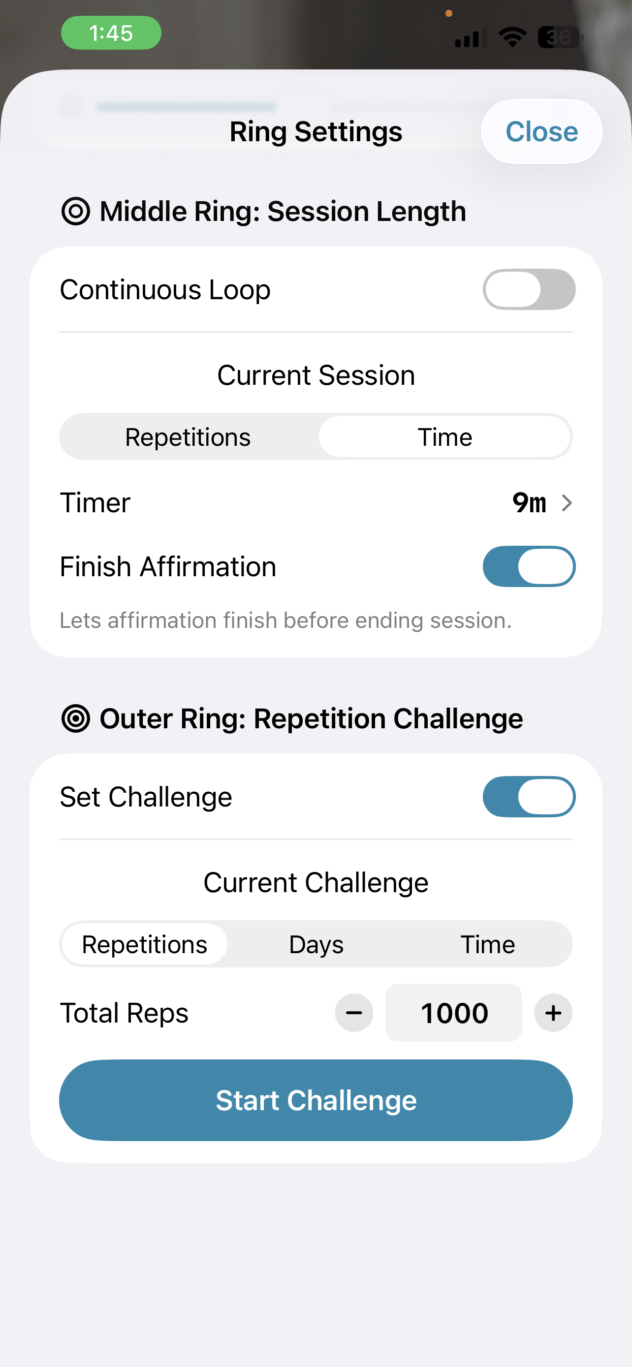 Setting a session length and a challenge