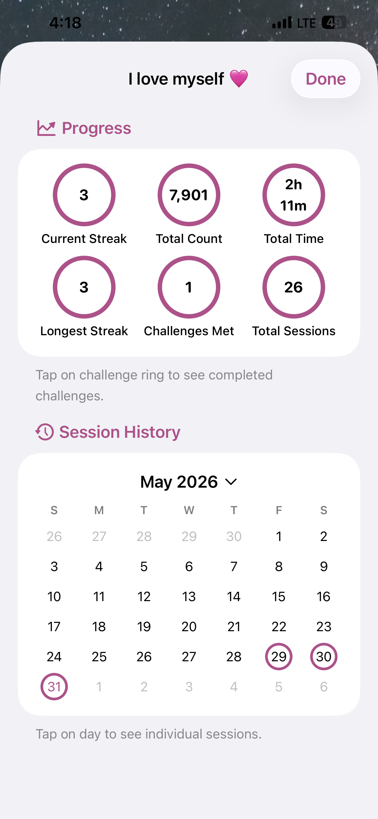 Stats view showing totals and history