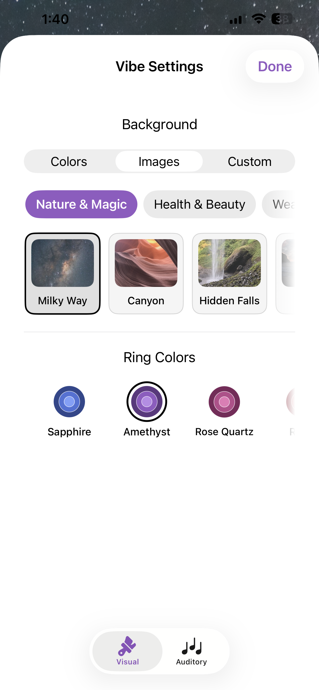 Vibe Settings with music, images, and ring colors